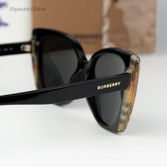 Burberry Women Sunglasses Black Vintage Check Grey Cat Eye BE4393 405587 NEW
